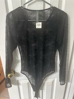 Anthropologie Black Sheer Lace Long-Sleeve Bodysuit